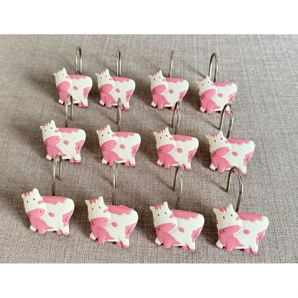 Shower Curtain Cow Resin hooks Set 12 Pink And White Farm Animal Bathroom Decor